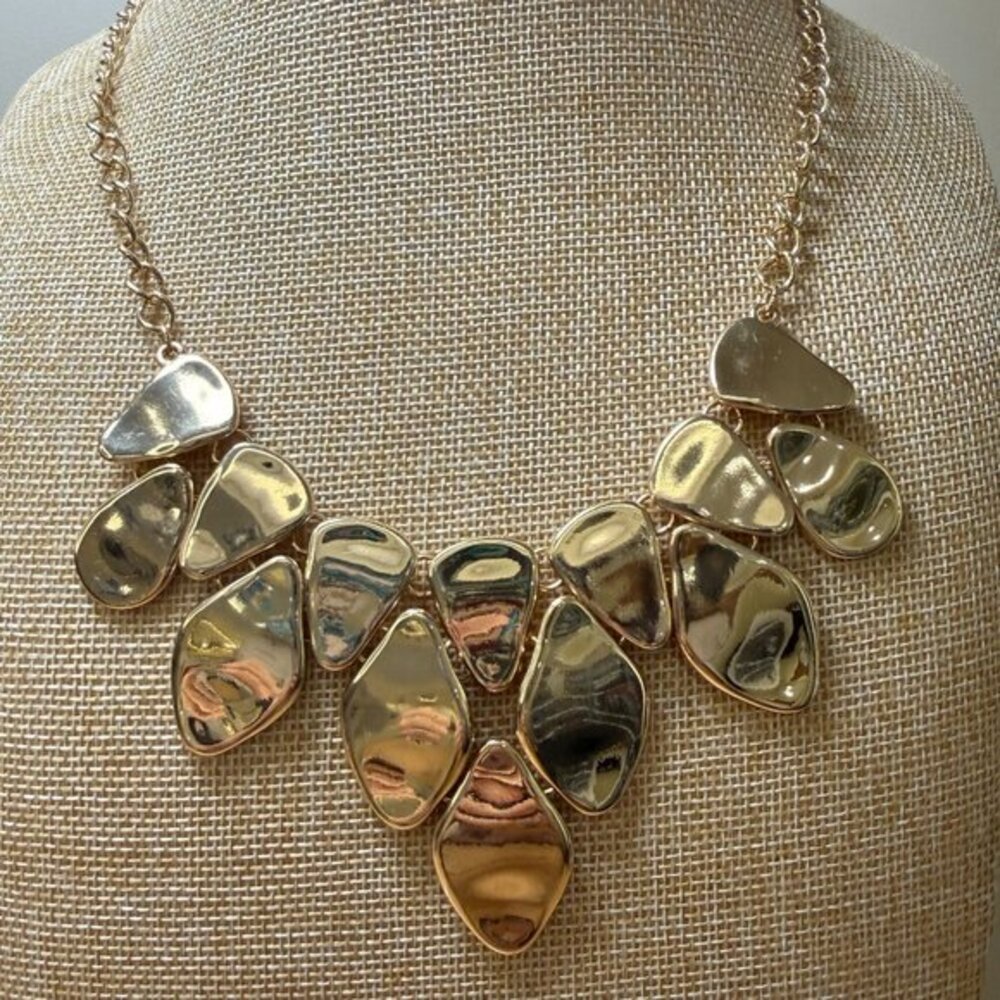 New York & Company Gold‎ Tone Statement Bib Necklace Glam Modernist
